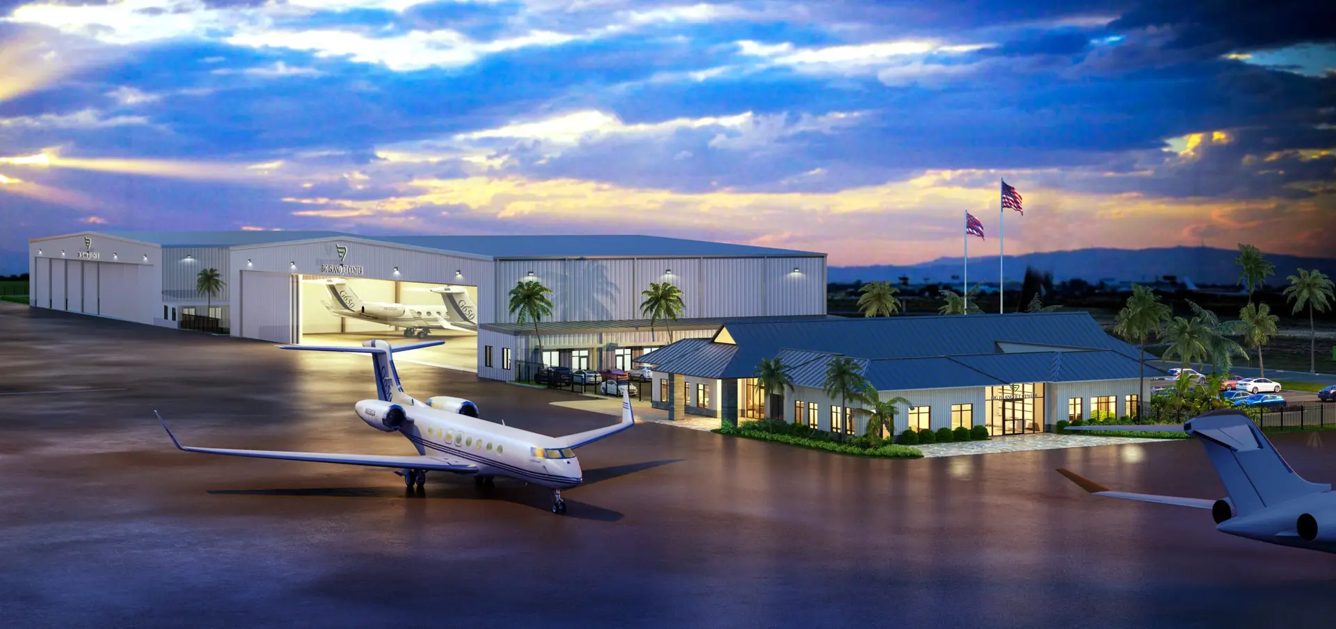Architectural rendering of the planned Big Island Jet Center terminal and hangars